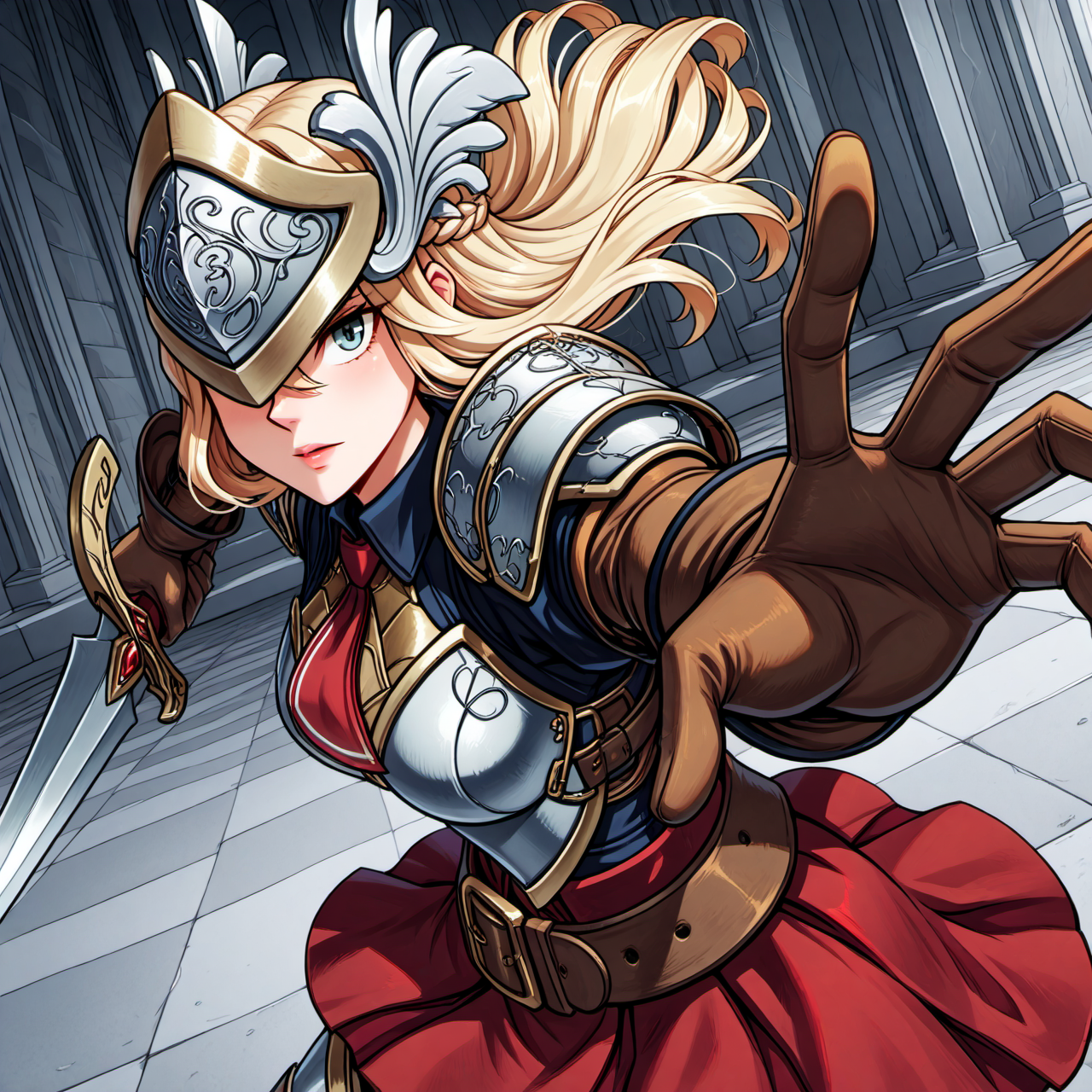 1girl, holding a sword , ACTION SHOT, hand closeup, greyscale, illustration, anime style, illustration, colorful, motion lines, crazy face, laugh, lzg, skg