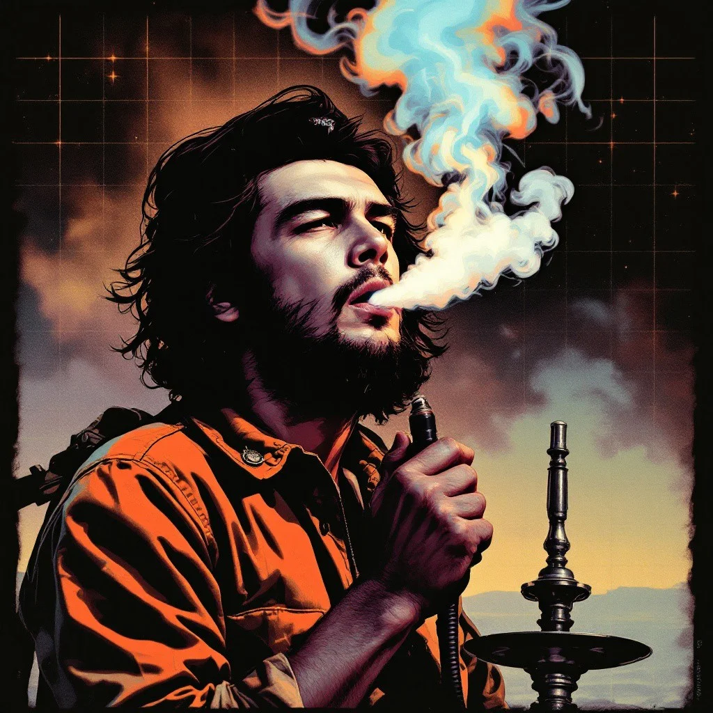 Che Guevara blowing out big clouds of smoke, famous photo in retro wave tones, line art, Che Guevara holding a hookah mouthpiece in his hand and blowing out a lot of smoke, sun new retro wave on background, retro style grid on background, vhs artifacts, retro art
