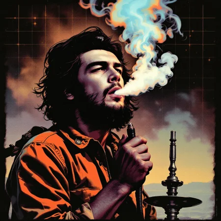 Che Guevara blowing out big clouds of smoke, famous photo in retro wave tones, line art, Che Guevara holding a hookah mouthpiece in his hand and blowing out a lot of smoke, sun new retro wave on background, retro style grid on background, vhs artifacts, retro art