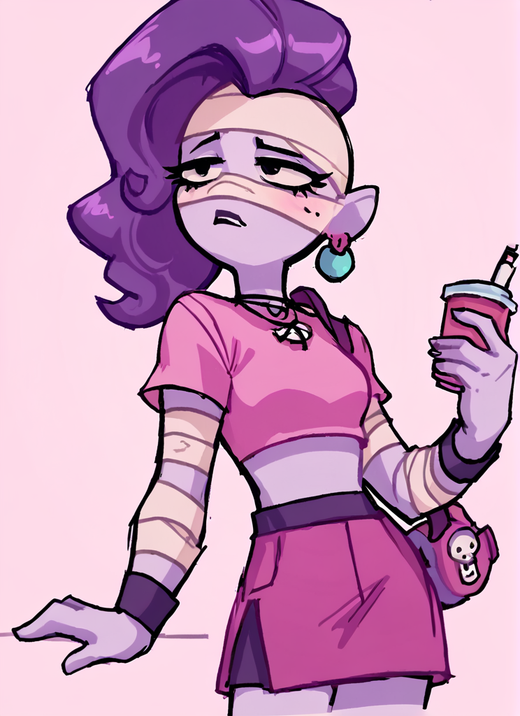score_9, score_8_up, score_7_up,   <lora:bsemz:1>bsemz , 1 girl , purple skin , bandages ,Earrings , purple hair, skirt  ,cropped shirt , pink shirt  , <lora:SyrupyyyArt:1>syrupyyy