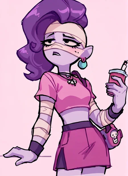 score_9, score_8_up, score_7_up,   <lora:bsemz:1>bsemz , 1 girl , purple skin , bandages ,Earrings , purple hair, skirt  ,cropped shirt , pink shirt  , <lora:SyrupyyyArt:1>syrupyyy