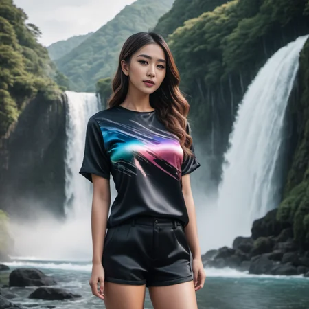 (full body shot) cute two japanese 25 year old women wearing a Digital glitch effects satin_teeshirt, Waterfall braid hair style, hyperdetailed photography,4k textures,intricate details,4k resolution cabin scene, ((dark cinematic still)) <lora:satin_teeshirt_v1:0.7>