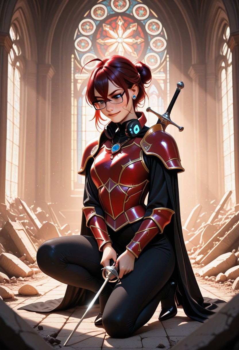 masterpiece, best quality, absurdres, gradient, face_focus, detailed eyes, very awa, nail polish, glossy skin, realistic skin,
head down, angry, smirking, on one knee, grim smile, sword on back, gothic church, stained glass windows, stained glass light on face and body, rocks, ruins, action pose, slight side view (3/4 angle), masterpiece, photorealistic, backlighting, volumetric lighting,  red , 
god rays, dramatic shadows, depth of field, highly detailed,
1girl, solo, best quality, detailed eyes, perfect eyes, realistic eyes, beautiful, 
1girl, (adult), dark red hair, hair bun, ahoge, crossed bangs, blue eyes, freckles, black rectangular eyewear, headset around neck, 
 red , 
black cape, high collar, form fitting armor, ((red dragon armor)), rapier,
earrings, brooch, necklace, jewelry, heels, 
dual wielding, futuristic sword