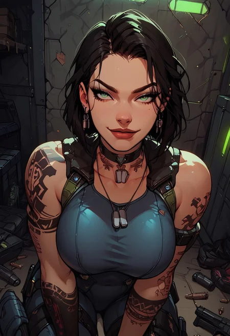 Score_9, Score8_up, Score_7_up, (((High Resolution, Best Quality))),
1girl, solo, toned arms, sleeveless, Covered in Tattoos, neck tattoos, hair tied up, black hair, green stripe in hair,
futuristic, futuristic armor, neon green lights on bodysuit, armored suit, body armor, armor, plated armor, revealing bodysuit, tight bodysuit, tactical, military gear, toxic canisters, toxic chemicals, poision vials,
large breasts, choker, dog tags, ear piece,
seducing, seductive, flirty, tender, loving, playful, looking at viewer, smug,
Sitting on ground, leaning against wall, relaxed, leaning back, arm resting on knees, arm on knee,
inside, Military, military base, military barracks, cots, crates, military boxes, guns, bullets, supplies, armory,