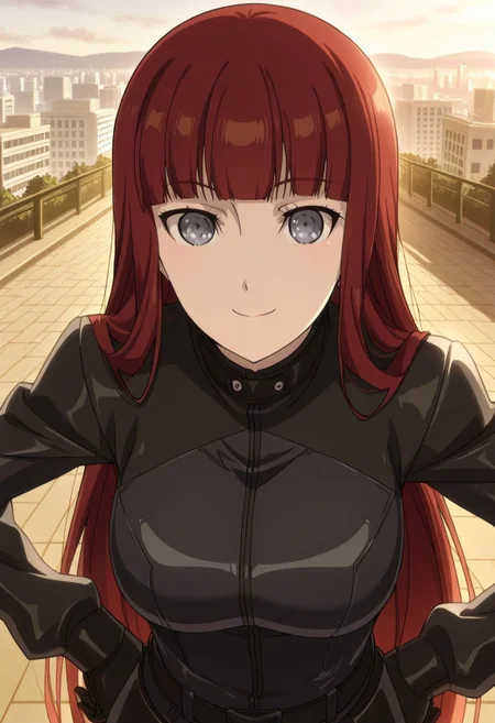 anime screencap, anime coloring, masterpiece, perfect face, perfect eyes, city, Kagari Shiina (character), 1girl, solo, red hair, long hair, blunt bangs, grey eyes, big breasts, black bikesuit, black body suit, skin tight, iron made zip, closed zip, black belt, dynamic angle, smile, 23 years old woman, aged up, hands on hips, upper body, face focus, Kagari Shiina