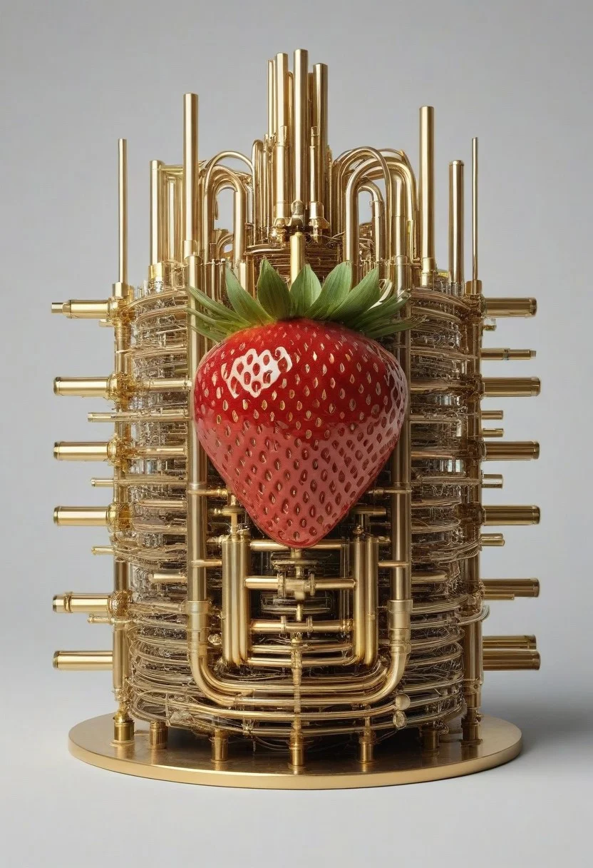 masterpiece, best quality, high resolution,
strawberry in (qu4ntum style), covered in (brass pipes) and (silver wires) and gold circuits,
simple background,
cinematic,