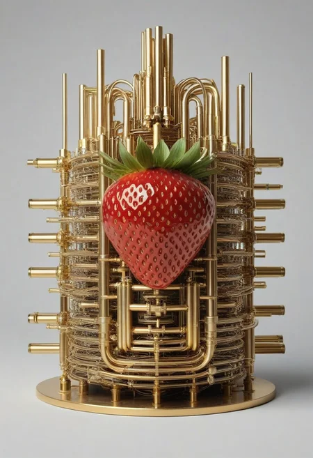 masterpiece, best quality, high resolution,
strawberry in (qu4ntum style), covered in (brass pipes) and (silver wires) and gold circuits,
simple background,
cinematic,
