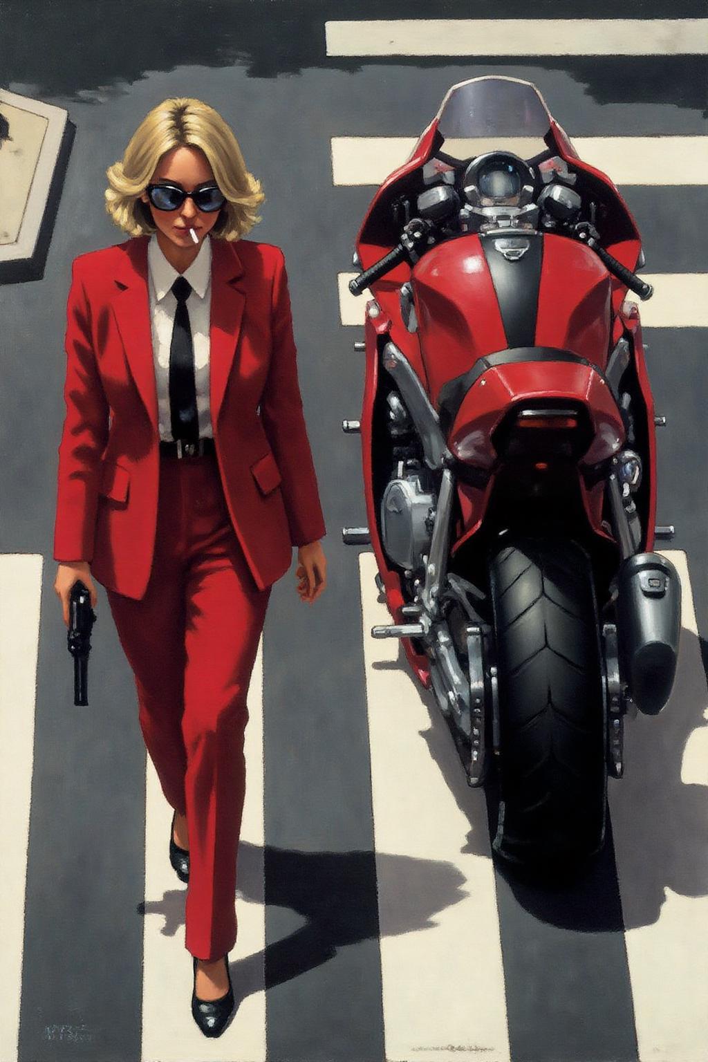 jackvettriano1 painting. 
 Overhead shot of an Blonde woman walking away from a futuristic motorcycle parked at a zebra crossing. The woman has bob hair, is smoking. She wear a red business suit, white shirt, black tie, and sunglasses. She holds a gun with a confident grip. The motorcycle itself is red, sleek and metallic, with intricate designs and a futuristic vibe <lora:jackvettriano1_cap_d8a4e12:1.0><lora:851768858472632315:0>