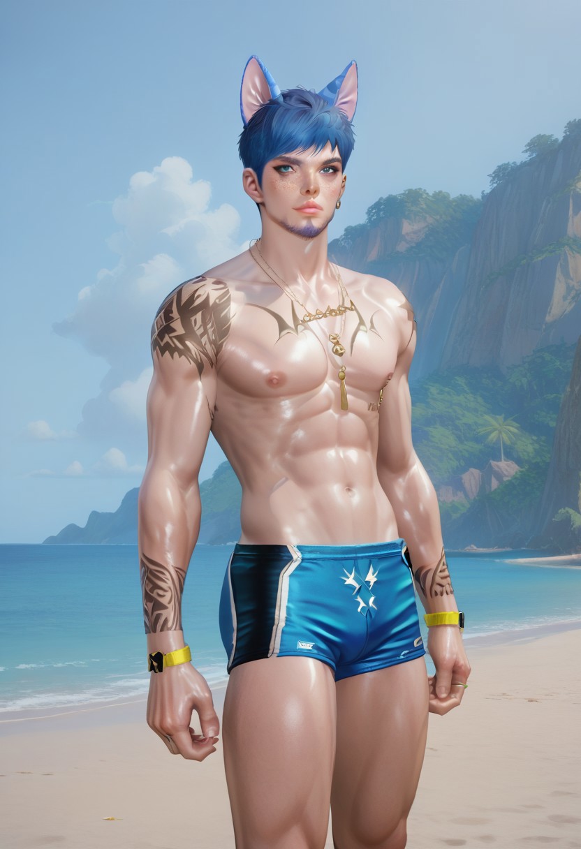 score_9, score_8_up, score_7_up, 1boy, solo, male focus, Feng, man, handsome male, blue hair, short hair, blue eyes, black eyeliner, freckles, piercings, short beard, earrings, toned body, athletic physique, cat ears, young man, dynamic angle, looking at viewer, stunning handsome male model, big pecs, round nipples, slim waist, sexy v-line, pubic hair, gym shorts, slim muscular, gay, homoerotic, confident, abs, pecs, nipples, v-line, pubic hair, outdoors, beach, golden hour, elegant atmosphere, high quality, realistic, hd render,