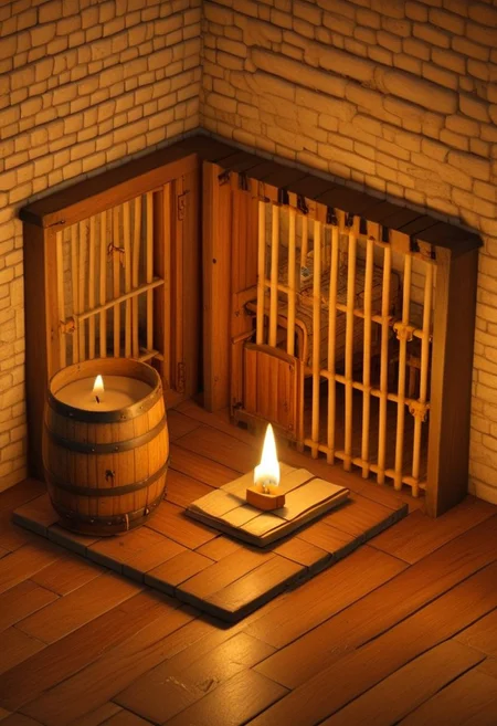 iszsks, no humans, ancient city, jail cell, candle, barrel, window, wooden floor, book, indoors, treasure chest, door, birdcage, fire, no humans, isometric view, cutaway, diorama, isometric cutaway, masterpiece, best quality