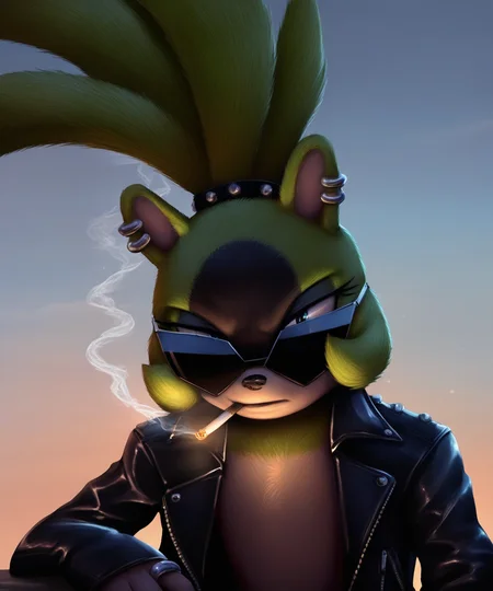 solo, surge the tenrec, blue eyes, ring piercing, leather jacket, sunglasses, smoking cigarette, waterscape, by hyperstorm h, realistic, cinematic lighting, best quality, highly detailed, <lora:SurgeXL_030-Noob-nd64-lr2-ep26:1>