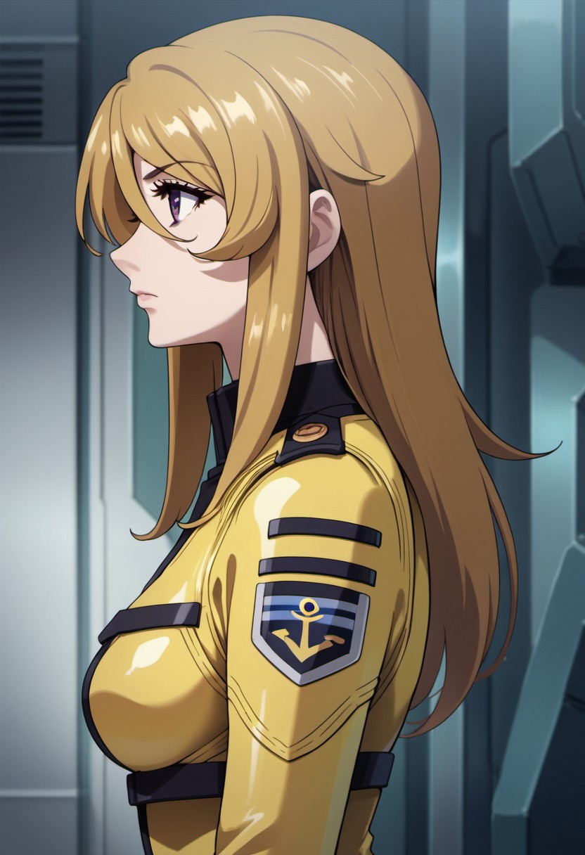 score_9, score_8_up, score_7_up, source_anime,  mori yuki, dirty-blonde hair, long hair, purple eyes, 1girl, solo, yellow bodysuit, uniform, military uniform, bodysuit, military, yellow jacket, from side