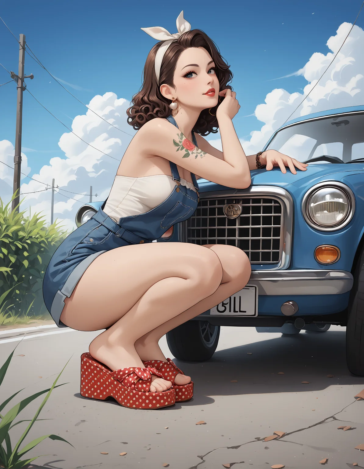 score_9, score_8_up, score_7_up, score_6_up, score_5_up, score_4_up,
(from side:0.6),
outdoors, field,
1girl, r0ckabilly, lipstick, earrings, tattoo, curly hair, white hairband,
white tube top, bib overalls,
medium breasts,
(squatting), leaning on a car, classic car, car,
(m1nn1e sandals), feet, toes, foot focus,
pinup,
embedding:zPDXL2 ,