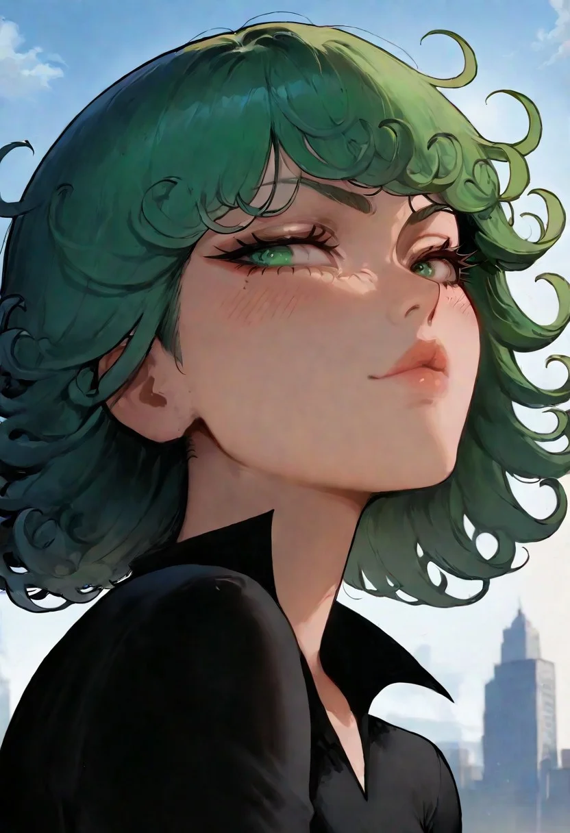 1girl, tatsumaki from one punch man, cityscape, nyantcha art, kittew:0.25, petite, slender, black dress, posing, face focus, face portrait, (((masterpiece,best quality,newest,absurdres,highres)))