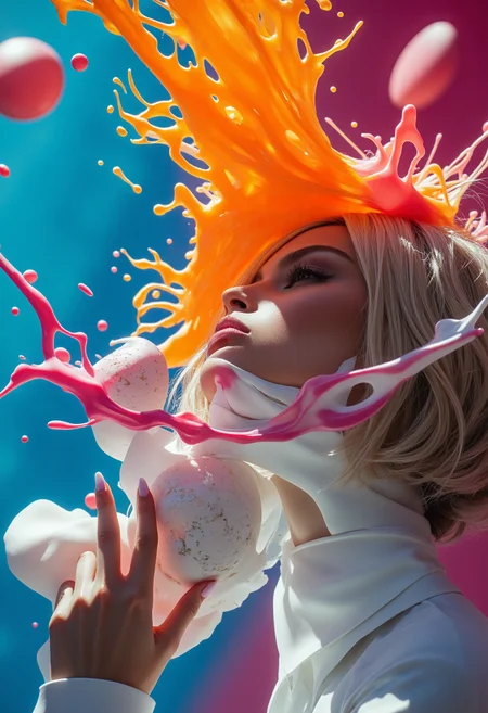 hyper-realism, close-up, splashing molten candy, expressive, bright colors, dynamic pose, dutch angle, glamorous, cinematic photography, dramatic lighting, extreme camera angle