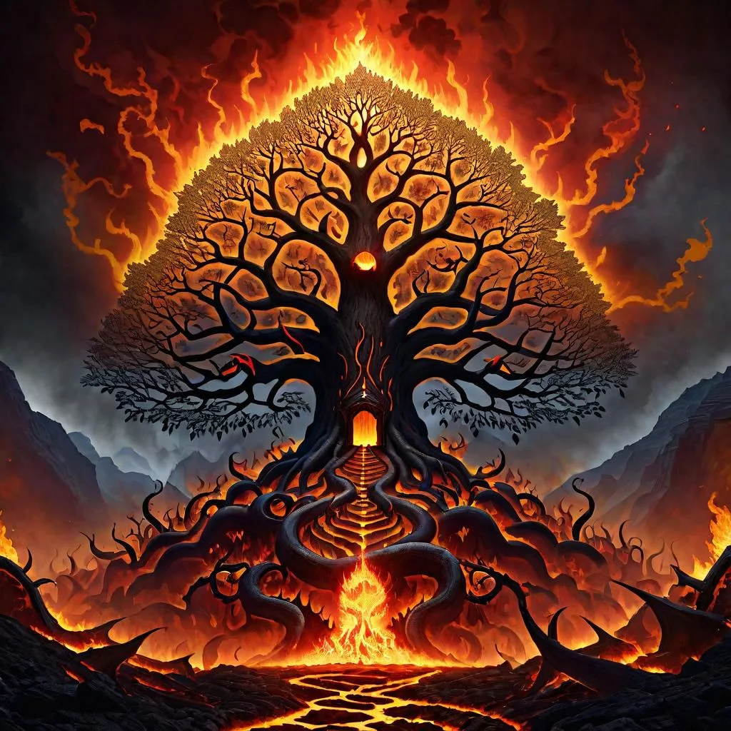 ncrender of the tree of knowledge as a demonic beast surrounded by the inferno