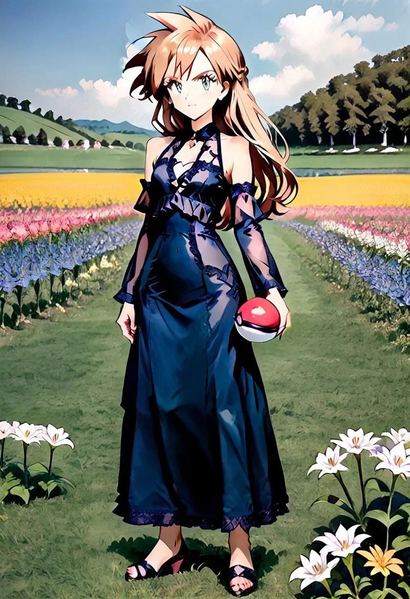 { full body, forest background, standing, FemGary:2.0, 1woman, solo, full body render, detailed facial features, full-length dress, long dress, lace, bare shoulders, detached sleeves, flowing ankle-length dress, flwdrss, holding a pokeball, standing in a field of flowers, in shade:1.5, }
flowers, rolling hills in the distance, field of flowers, various types of flowers, lillies, orchids, petunias, tulips, multiple colors of flowers, light cloud cover, detailed environment, detailed background,
pks, pokemon, 4kFacePonyXL,