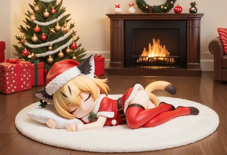 1girl, ((solo)), best quality, ultra-detailed, extremely detailed, perfect anatomy, masterpiece, score_9, score_8_up, score_7_up, Expressiveh, sand cat \(kemono friends\), 1girl, cat girl, cat ears, blonde hair, short hair, cat tail, christmas tree, christmas decoration, christmas ornaments, underneath Christmas tree background, indoors, santa cosplay, santa outfit, santa hat, santa's sack, Christmas outfit, giant sack of presents, fully clothed, Christmas themed thighhighs, thighhighs, santa's sack of presents, red ribbon collar, Christmas presents, Christmas themed, living room, fireplace, (chibi), cute, adorable, closed eyes, sleeping, smiling, laying on side, side view, tail_accessory, mistletoe_on_tail, mistletoe,