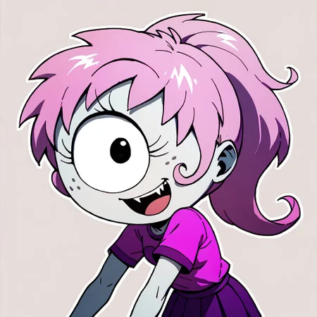 score_9, score_8_up, score_7_up BREAK SimoneP, 1girl, pink hair, ponytail, black eye, one-eyed, cyclops, freckles, fangs, short-sleeve pink shirt, pleated purple skirt, white stockings, open mouth smile, cowboy shot,