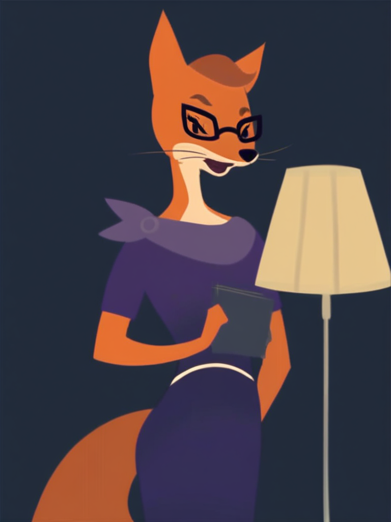 score_9, score_8_up, score_7_up, score_6_up, score_5_up, score_4_up , 1girl, solo, SDFoxie, glasses, purple dress, lamp, detailed face, detailed eyes, detailed background,  <lora:foxie-v2:1>