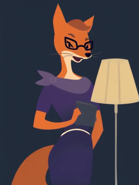 score_9, score_8_up, score_7_up, score_6_up, score_5_up, score_4_up , 1girl, solo, SDFoxie, glasses, purple dress, lamp, detailed face, detailed eyes, detailed background, <lora:foxie-v2:1>