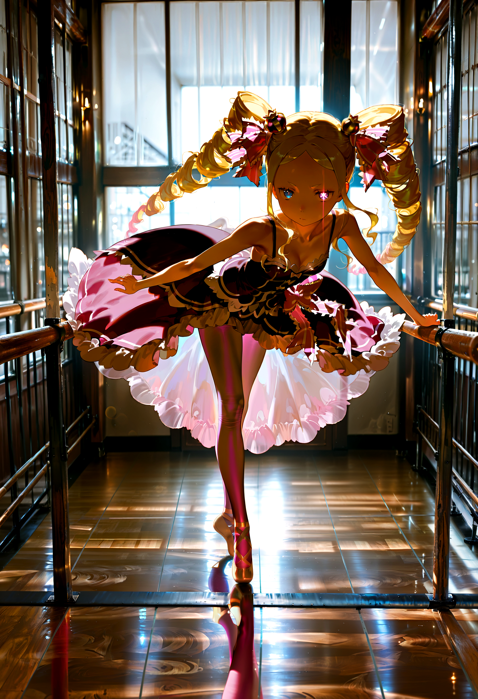 beatrice \(re:zero\), glowing eye, ballet dress, pointe shoes, barre, dance studio, wood floor, glass wall, bloom, bokeh, full-length portrait, ballet, masterpiece, best quality, photo background, photography \(artwork\), photo \(medium\), detailed, detailed background, detailed clothing, detailed hair, wrinkles, skin folds, intricate, volumetric lighting, dramatic lighting, backlighting, very awa, very aesthetic,