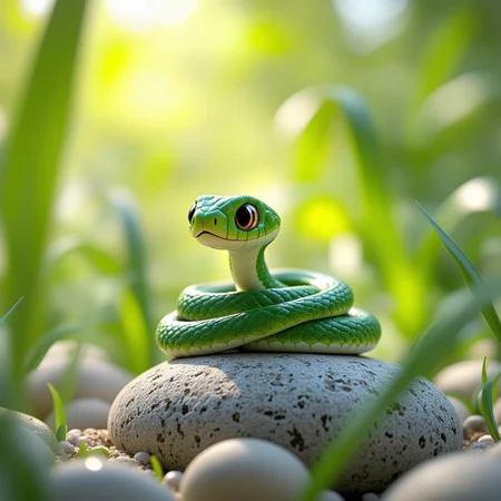 A tiny, speckled, emerald green snake, with scales like polished jade, coils around a smooth, grey stone.  Its tiny, flicking tongue darts out, sensing the air.  A gentle breeze whispers through the tall grass, rustling around the snake's head – the soft sounds creating a sense of peaceful concealment.  Sunlight filters through the leaves above, dappling the ground in a mosaic of light and shadow.  The snake’s eyes, almond shaped and brilliant, seem to reflect the dappled light, and its slight, graceful sway creates a sense of delicate movement.