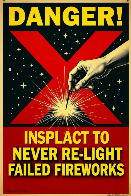 A stark, graphic vintage safety poster in shades of red, yellow, and black. It shows a hand reaching out to pick up a smoking, unexploded firework. A large, bold red "X" is superimposed over the firework. Below, in clear, blocky yellow letters: "DANGER! NEVER Re-light Failed Fireworks." Emphasize the immediate danger and the clear warning message.  <lora:REMEs_War_Poster_Style:0.95> In REME's War Poster Style,âââ