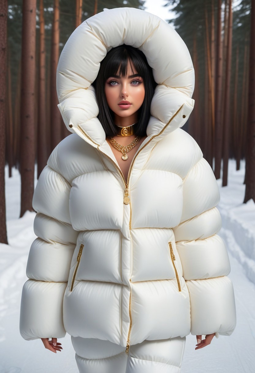 ((((puffer padded jacket)))), ((((puffer padded coat)))), ((((full body)))), ((((fur boots)))), ((((puffer pants)))), ((((puffer hood up)))), winter, snow, forest, 1girl, solo, (masterpiece), detailed face, detailed eyes, (beautiful detailed eyes:1.5), sidelighting, (super detail, hyper detail, intricate_details, detailed), (semi realistic:1.6), (Bob cut), blunt bangs,(black hair), (purple eyes, eyelashs), tanned skin, smug smile, angry face, Golden jewelery, golden rings, golden necklace, golden armlets, golden chains, padded cuffs, padded collar, Thick padded cuffs, Thick padded collar, <lora:Collar-SDXL:0.6>, <lora:Cuffs-SDXL:0.6>, <lora:Puffer_Jacket_and_Down_Jacket_-_Extra_Puffy_Jackets:0.4>, <lora:snowpants_v1:0.4>