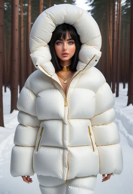 ((((puffer padded jacket)))), ((((puffer padded coat)))), ((((full body)))), ((((fur boots)))), ((((puffer pants)))), ((((puffer hood up)))), winter, snow, forest, 1girl, solo, (masterpiece), detailed face, detailed eyes, (beautiful detailed eyes:1.5), sidelighting, (super detail, hyper detail, intricate_details, detailed), (semi realistic:1.6), (Bob cut), blunt bangs,(black hair), (purple eyes, eyelashs), tanned skin, smug smile, angry face, Golden jewelery, golden rings, golden necklace, golden armlets, golden chains, padded cuffs, padded collar, Thick padded cuffs, Thick padded collar, <lora:Collar-SDXL:0.6>, <lora:Cuffs-SDXL:0.6>, <lora:Puffer_Jacket_and_Down_Jacket_-_Extra_Puffy_Jackets:0.4>, <lora:snowpants_v1:0.4>