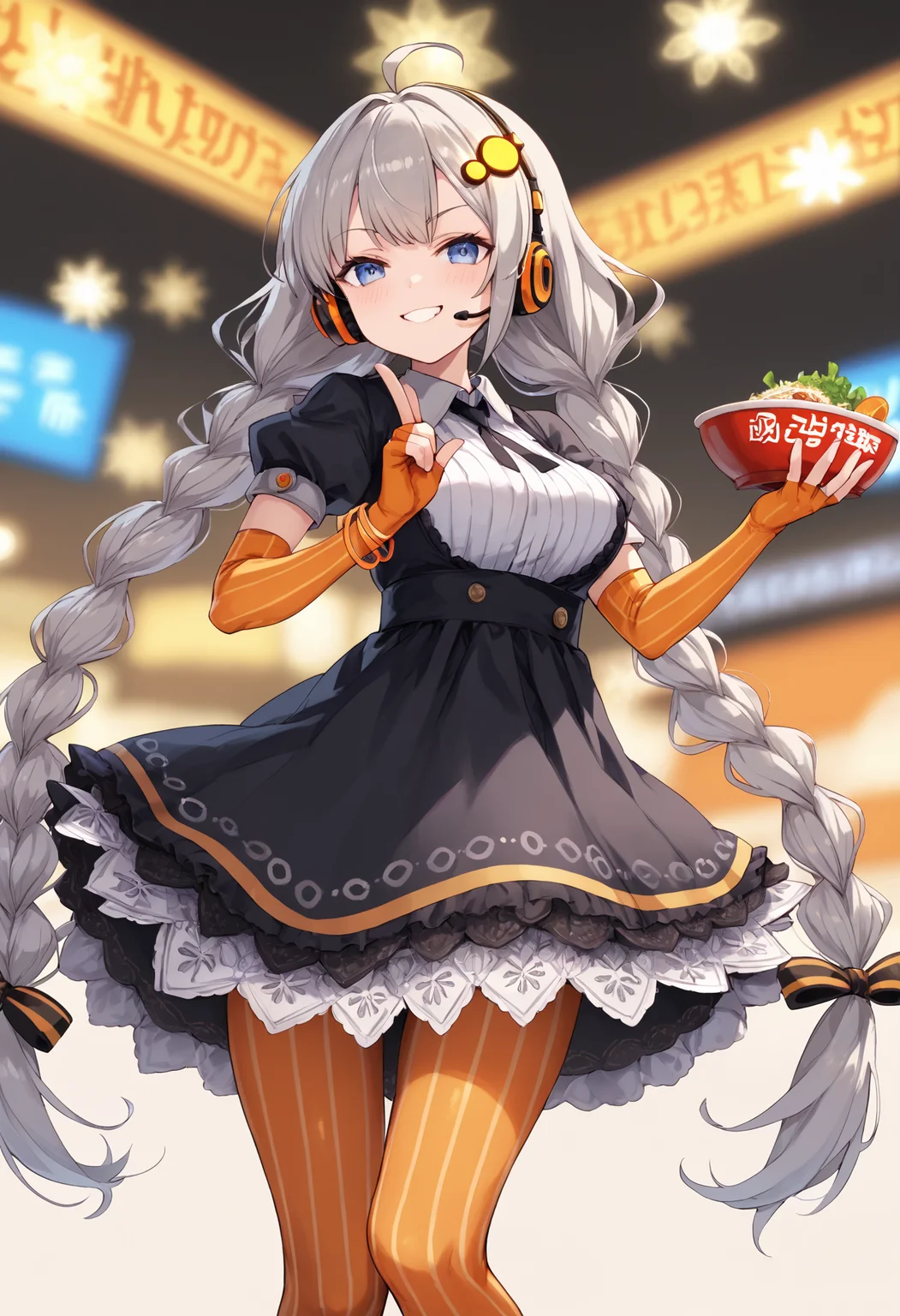 score_9, score_8_up, score_7_up,
<lora:KizunaAkari_MMD_Pony_V1:0.95>blue eyes, grey hair, ahoge, twin braids, braid, very long hair, hair ornament, hair tubes, headphones, headset,
black dress, lace-trimmed dress, short sleeves, puffy sleeves,
orange gloves, striped gloves, elbow gloves, fingerless gloves, bracelet,
orange pantyhose, striped pantyhose,
star print, star (symbol), vertical stripes,
from behind,, looking down,, Face,,
Bustling Metropolitan Cities,,Gourmet Sushi and Ramen Cuisine,,,Depth of field, blur background,
smile,cowboy shot,huge brests,
smug, smirk, blush,peace sign, double peace sign,