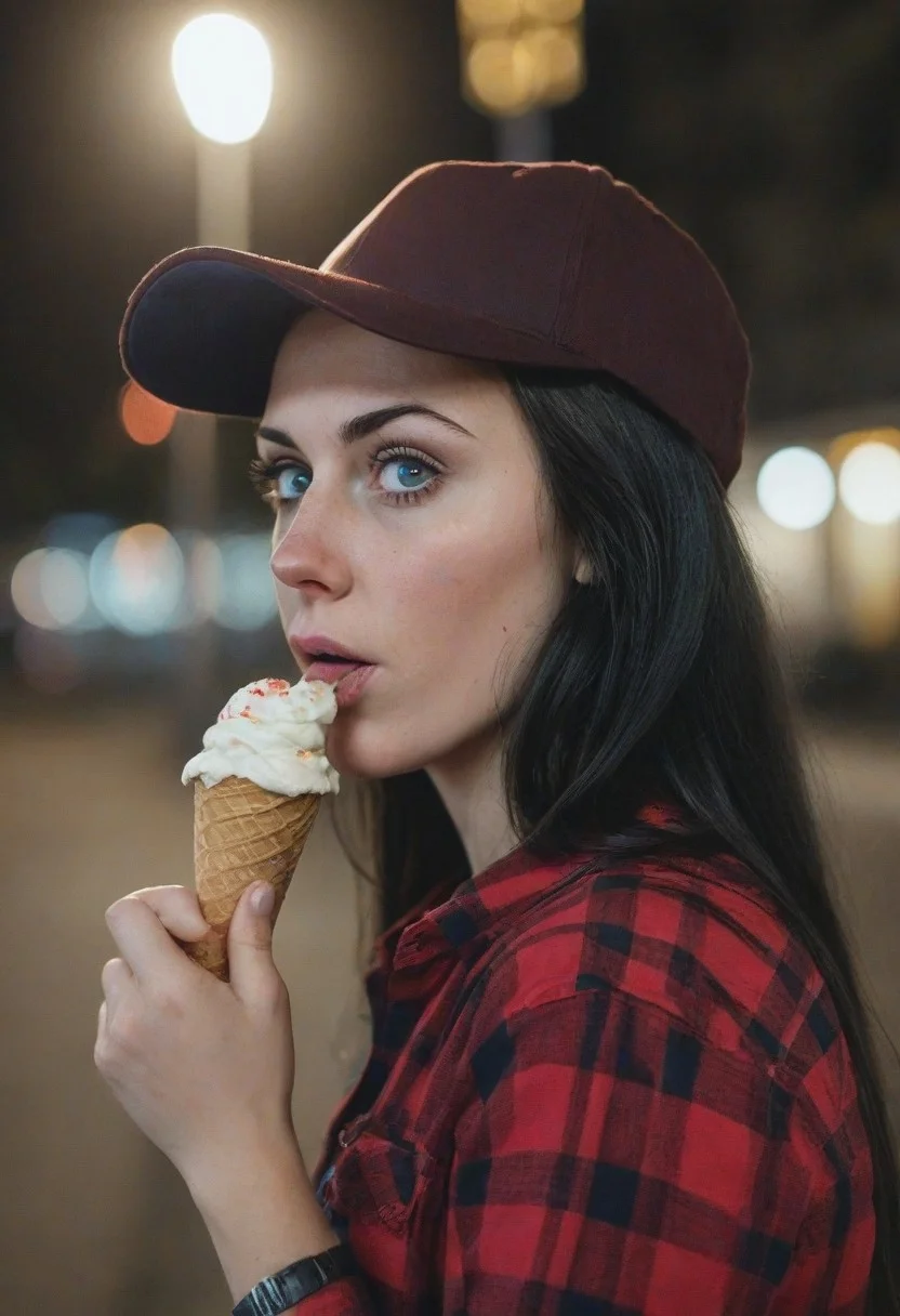 A 30yo woman eating a cone icecream. blue eyes. perfecteyes
Wearing Jeans and Plaid red shirt with a hat/cap red.
Long dark black slick back hair. No makeup.
Night time, Street light.
Looking at camera POV.
Medium Close Up shot.
Bokeh. Bokeh light.
Blurred background.