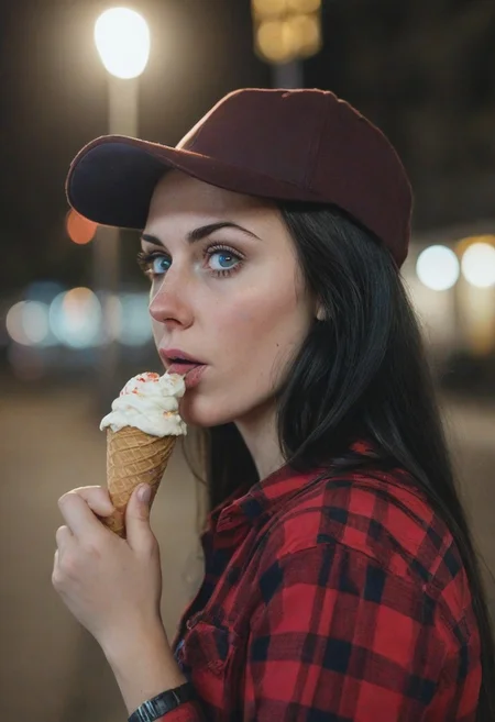 A 30yo woman eating a cone icecream.  blue eyes. perfecteyes
Wearing Jeans and Plaid red shirt with a hat/cap red. 
Long dark black slick back hair. No makeup.
Night time, Street light. 
Looking at camera POV. 
Medium Close Up shot.
Bokeh. Bokeh light.  
Blurred background.
