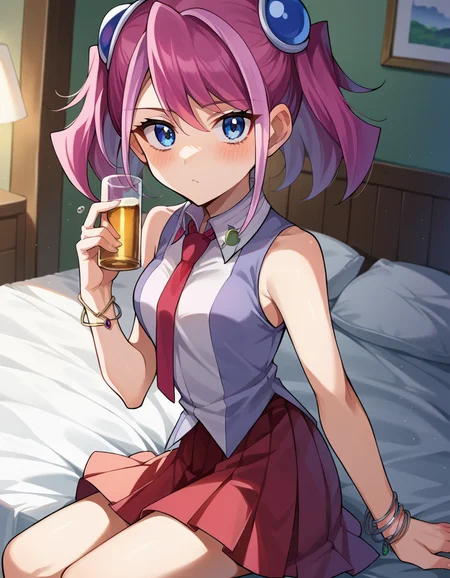 score_9, score_8_up, score_7_up, source_anime,
yuzuhiiragi, <lora:yuzu-hiiragi-ponyxl-lora-nochekaiser:1>,
yuzu hiiragi, blue eyes, hair ornament, medium hair, multicolored hair, pink hair, red hair, streaked hair, twintails,
bare arms, bracelet, collared shirt, jewelry, necktie, pleated skirt, red necktie, red skirt, shirt, skirt, sleeveless, sleeveless shirt, wing collar, two-tone shirt,
indoors, bed, bed room, on side, blush, drunk,
looking at viewer, cowboy shot, dutch angle,
