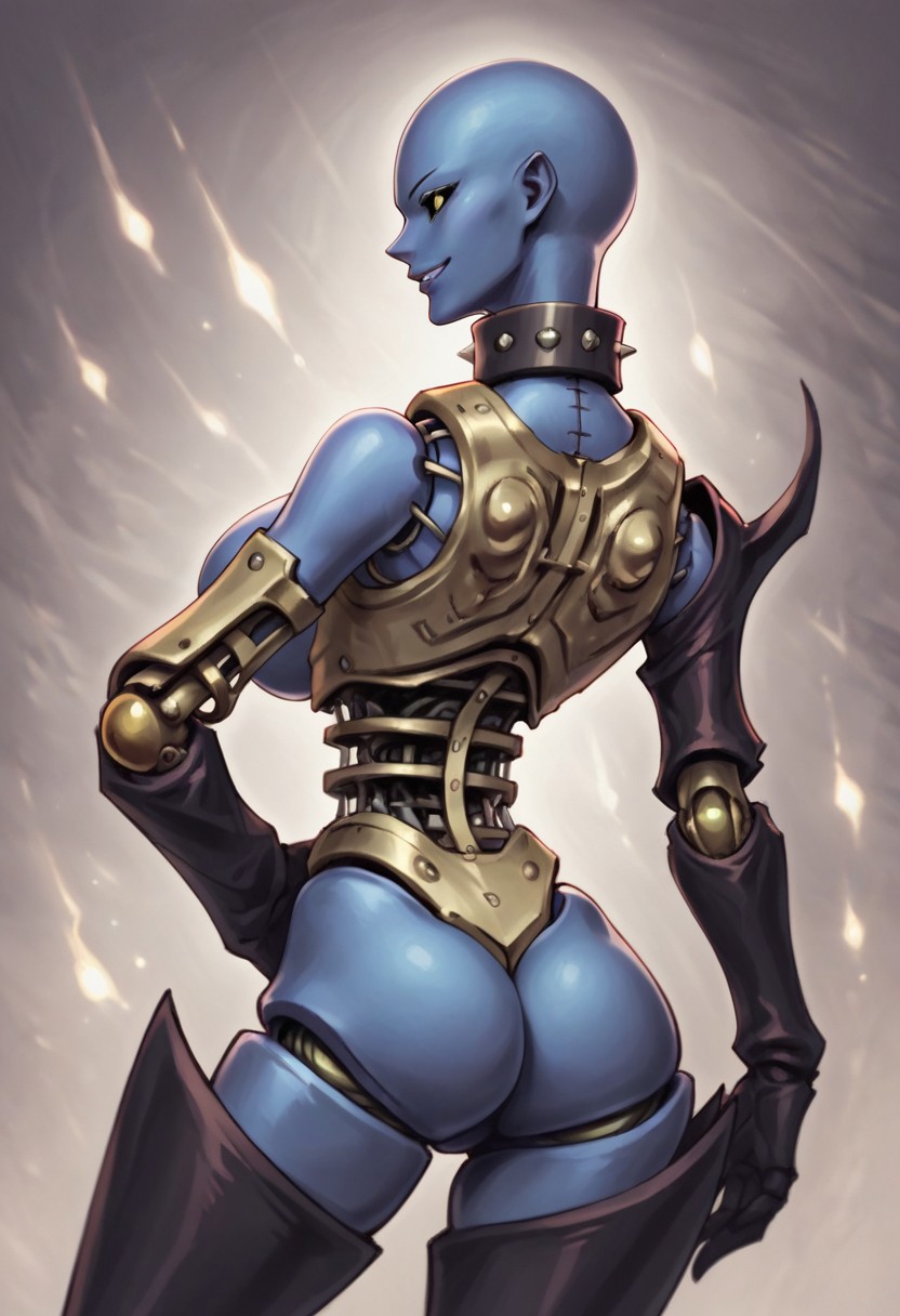 score_9_up, score_8_up, score_7_up, score_6_up, score_5_up, score_4_up),, (high quality), (high resolution),, beautiful eyes, perfect lips,, frony view, 1girl Dark Necrofear_Yugioh, , monster girl, robot, bald female,  blue-skinned female, colored skin, yellow eyes, colored sclera, black sclera, mechanical stomach, mechanical joints, stitches, armored chest, spikes, armored left arm, metallic long collar, one elbow glove on right arm, thighhigh boots, creepy smile, pointy teeth, sexy, large breasts, wide hips, slim waist,  Glowing background, ass, back view,  looking 
over shoulder,  BREAK score_9, score_8, score_7,