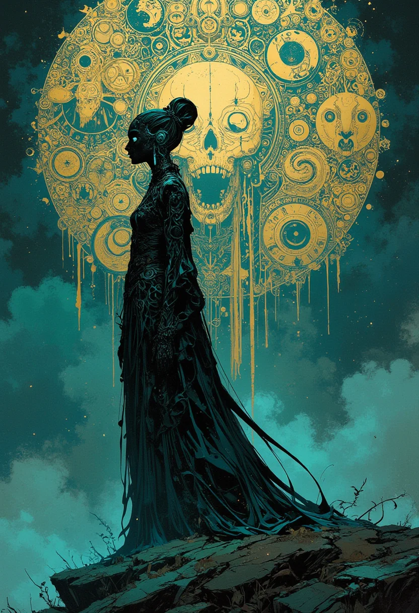 anime, niji, anime source, paint style of James C. Christensen, Ethereal minimalist Alien race cybergoth fashion photography painting, in the style of teal and gold, use of palette knives, waist-high portrait, intricate, sharp_focus, concept_art, background zentangle fog,