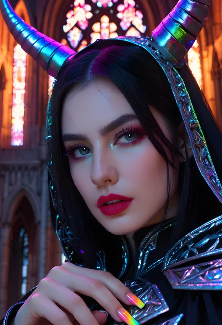 1girl, solo, woman demon overlord with glowing horns, abandoned cathedral laced with glitching holograms, RGB splitting rainbow trails, hyper-detailed 8K neon glow, plus, lipstick smear & chipped nail polish, macro extreme close-up, hyper-detailed, cinematic lighting, 8K, ultra textural