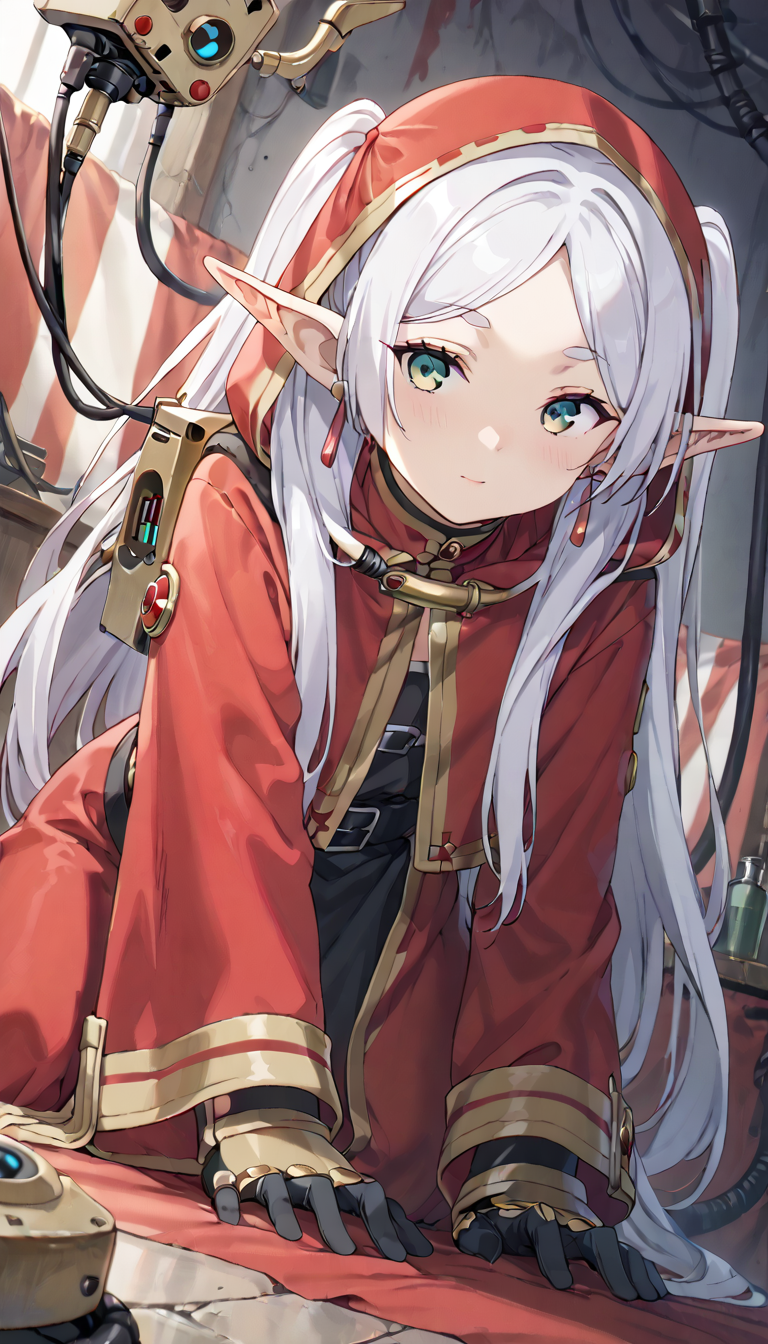 1girl, sfrieren, elf, pointy ears, silver hair, white hair, green hair, BREAK robe, earrings, <lora:sfrieren_ponyxl:0.7>
score_9, score_8_up, score_7_up, source_anime, BREAK
top-down_bottom-up ,BREAK
cowboy_shot,cinematic_angle,dutch angle,BREAK
from_below,BREAK
:p,BREAK
striped background,BREAK
<lora:Admech:1> admech, hood, mask, glowing, tube, cable, goggles, red robe, mechanical hands, wires, machinery