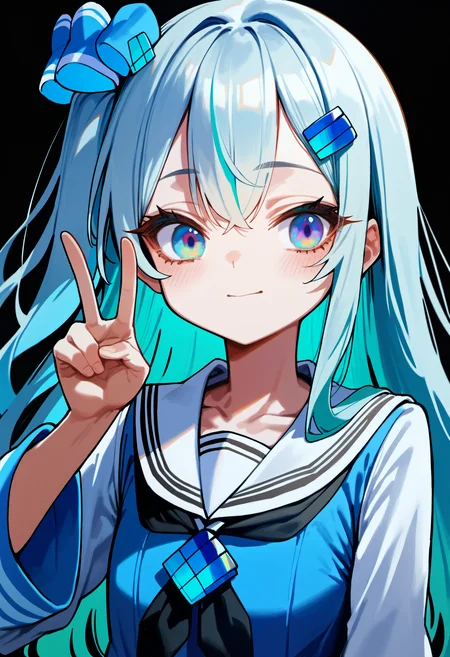 score_9, source_anime, score_8_up, score_7_up,simple background,white background,<lora:madobev1-000040:0.8> madobev1,portrait,upper body,v sign,pale cyan hair,multicolored eyes, one side up,serafuku, hair ornament, hair bow,black neckerchief,