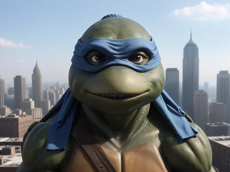 close-up, TMNTLeonardo, a teenage mutant ninja turtle, wearing blue bandana mask with eye-holes, standing on a city rooftop during the day, skyscrapers and rooftops and day sky in the background, <lora:TMNT_Turtles_AIO_SDXL-000009:1>