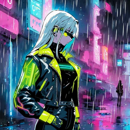 (best quality:0.8) perfect anime illustration, a women, leather jacket, (rain:1.3), (cyberpunk:1.2), (neon:1.1)