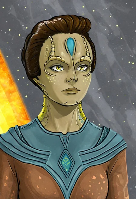 (a female c4rd45514n alien, forehead crest, grey skin, ridges, scales), space explorer, bright yellow god rays, sun circle