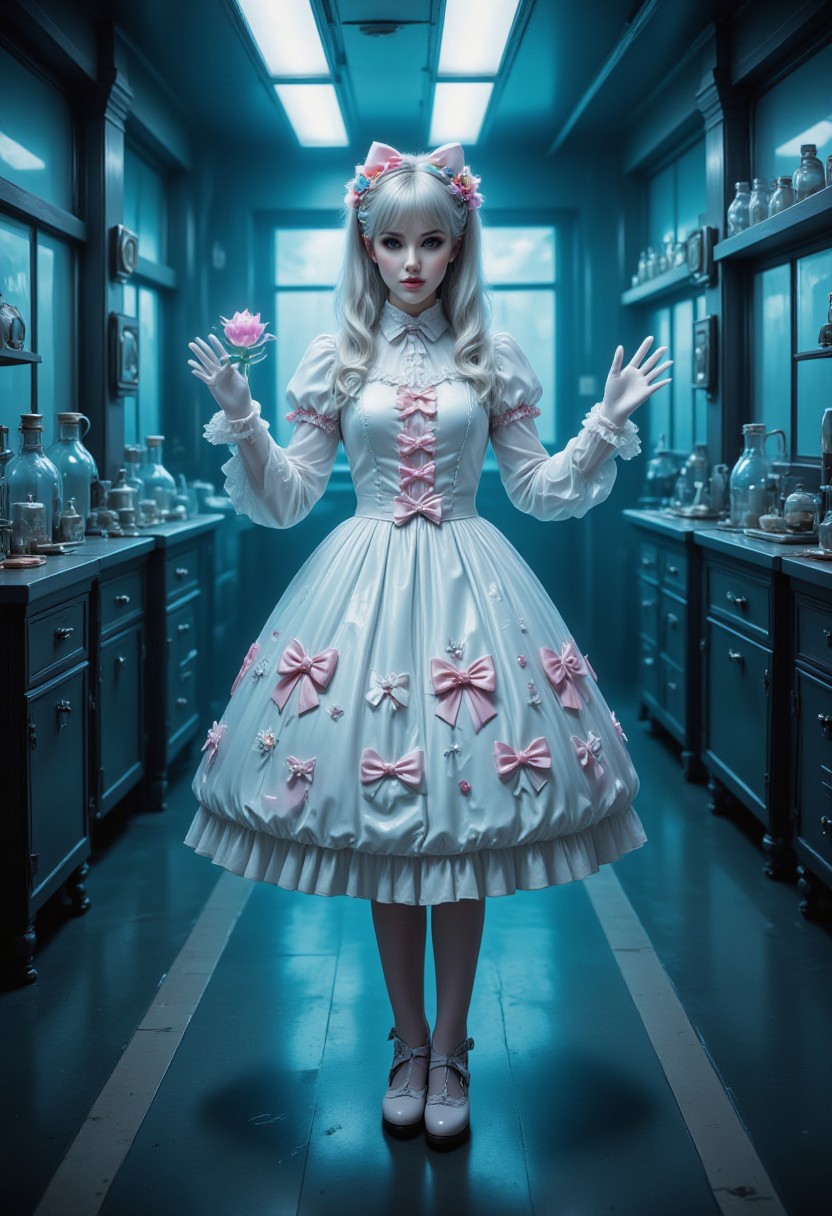 This is a highly detailed, realistic digital painting depicting a beautiful spectral woman wearing glossy latex frilly puffy dress decorated with many bow and frills. Her long straight pastel hair is decorated with many flower themed accessories. She is also wearing long latex elbow gloves and cute mary janes boots with bows. She is standing in a dimly lit futuristic laboratory and beckoning to the viewer. The latex is highly reflective with a glass-like surface.
ghost, ghstlyCE style, sweetegl, sweetop, swe3tjsk, bl0use, (latex:1.2),
(shiny glossy latex clothing, gleaming oily latex fabric:1.1)