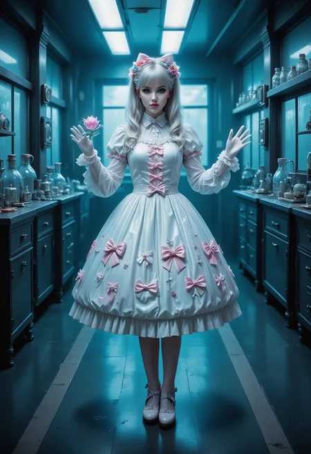 This is a highly detailed, realistic digital painting depicting a beautiful spectral woman wearing glossy latex frilly puffy dress decorated with many bow and frills. Her long straight pastel hair is decorated with many flower themed accessories. She is also wearing long latex elbow gloves and cute mary janes boots with bows. She is standing in a dimly lit futuristic laboratory and beckoning to the viewer. The latex is highly reflective with a glass-like surface.
ghost, ghstlyCE style, sweetegl, sweetop, swe3tjsk, bl0use, (latex:1.2),
(shiny glossy latex clothing, gleaming oily latex fabric:1.1)