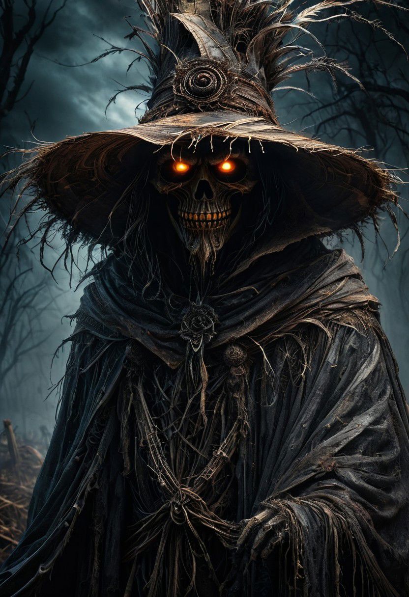 Scarecrow of the Apocalypse. A menacing figure cloaked in darkness, adorned with tattered robes and a weathered hat. His eyes glow with an otherworldly light, instilling fear in all who cross his path. His presence heralds doom and despair, a harbinger of the end times. Capture the eerie essence of his form in a single scene. DEVIL SPAWN.
