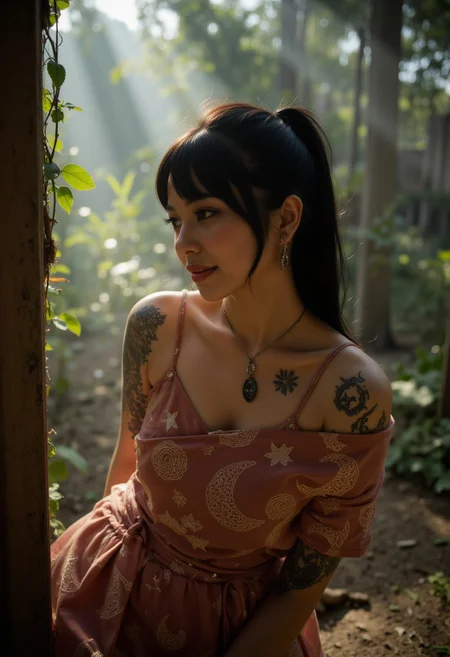 A breathtaking ultra-realistic portrait of a 35-year-old woman with pale, luminous very pale skin glowing under dramatic, cinematic lighting that highlights her goth-inspired features. Her long black ponytail flows over her shoulder, with sharp bangs framing her face adorned with dark lipstick, smoky eyeliner, and piercings, including a septum ring, nose stud, and lip ring. Intricate tattoos span her collarbone and arms, subtly catching the light. She wears a rose gold tissue saree intricately embroidered with celestial patterns of stars, crescent moons, and swirling nebulae, creating a striking contrast to her edgy appearance. She laughs joyously, her delighted expression engaging the viewer. The background is a mystical, otherworldly landscape—a ancient Indian palace partially overgrown with vines, dramatic god rays and a dreamy bokeh effect illuminate her in this surreal and magical scene.