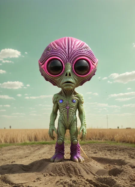 Caricature, (Ombre colors of deep purple, neon purple, neon pink, neon green) a little alien with big eyes and a weird head is standing in the middle of a field of dirt, Fan Qi, sci fi, cyberpunk art, space art <lora:sss:0.8>   <lora:Happy_World:0.8> <lora:ral-firworx:0.8> ral-firworx, subsurface scattering, Photorealistic, Hyperrealistic, analog style, realistic, film photography, soft lighting, heavy shadow