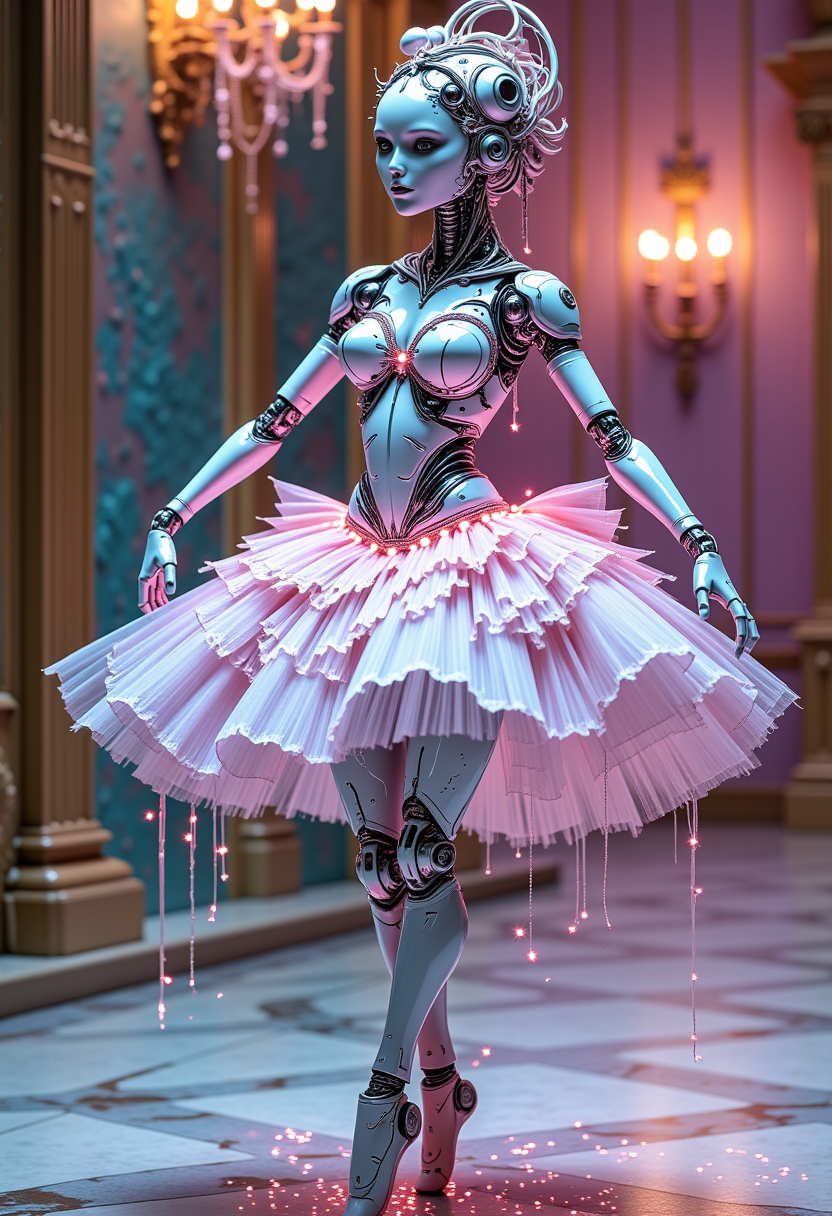 WackhaosDaal  A robotic ballerina with chrome-plated joints and pastel-pink servo motors twirling in a crystal theater lit by bioluminescent chandeliers, her tutu woven from shimmering nanothread and trailing stardust, her face a delicate blend of porcelain and LED expressions. Think of Degas ballerinas reimagined by a futuristic Rococo dreamworld.