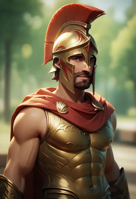 (((beautiful, high quality))), upper Body, score_9, score_8_up, score_7_up,
easynegative, Spartan armor, Spartan helmet, red cloak,
1boy, male focus, adult male, brown beard, muscles, blurred background,
looking at the viewer, posing,
blurred background,
