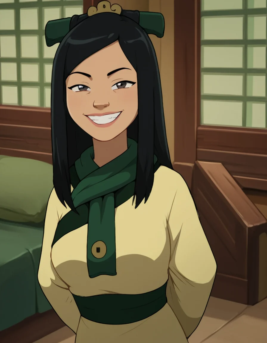 looking at viewer, <lora:Joo_Dee_ATLA:0.8> , joodeeatla, black hair, black eyes, long hair, dark-skinned female, hair ornament, yellow robes, green sleeves, scarf, medium breasts, hands behind back, lidded eyes, evil grin,, score_9, score_8_up, score_7_up, cute,